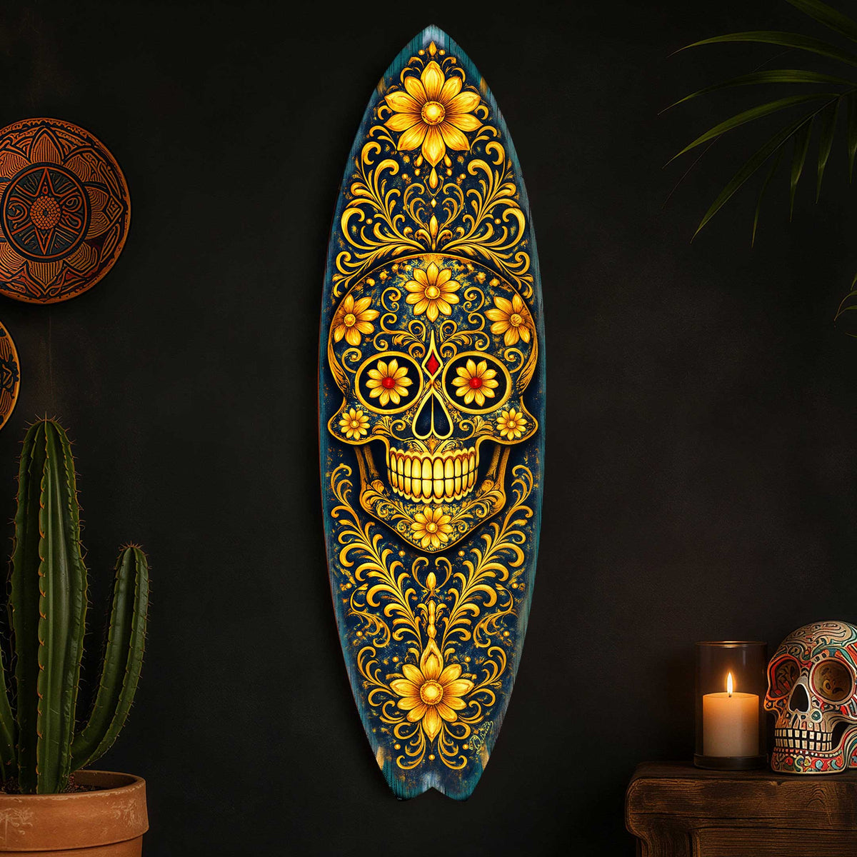 Gold Floral Sugar Skull Surfboard Wall Art - Day of the Dead Decor - Handcrafted Coastal Wooden Decor by G.DeBrekht – 8490169HS