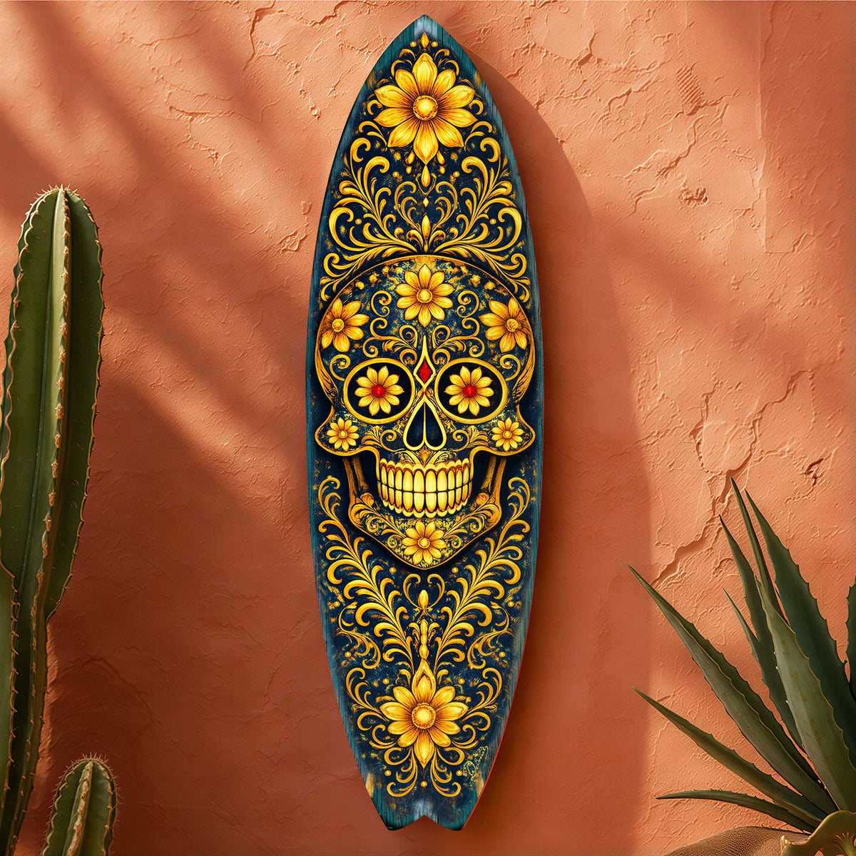 Gold Floral Sugar Skull Surfboard Wall Art - Day of the Dead Decor - Handcrafted Coastal Wooden Decor by G.DeBrekht – 8490169HS