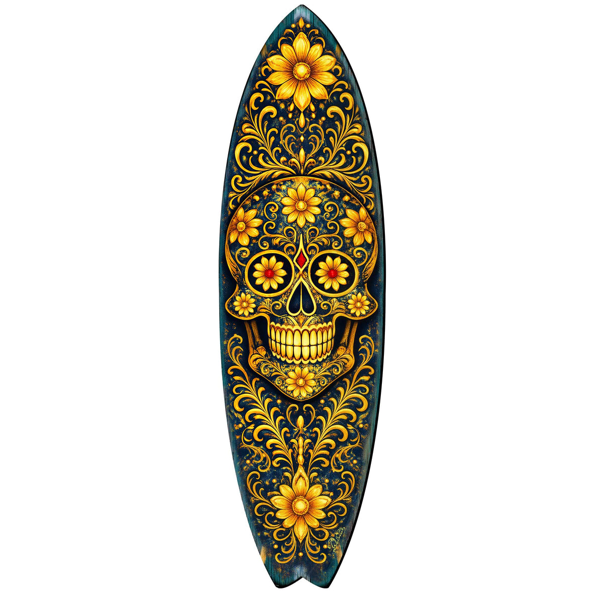 Gold Floral Sugar Skull Surfboard Wall Art - Day of the Dead Decor - Handcrafted Coastal Wooden Decor by G.DeBrekht – 8490169HS