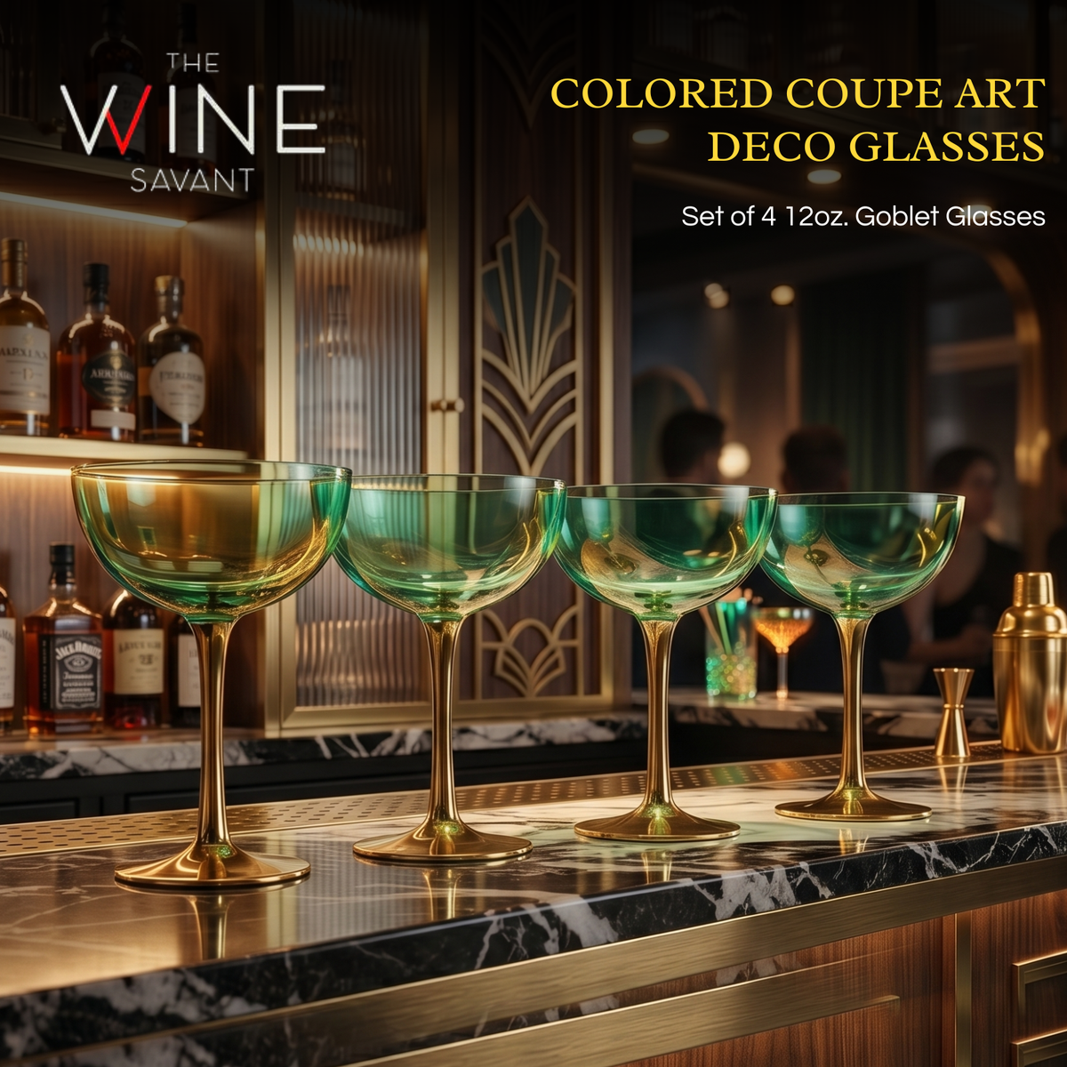 Colored Coupe Art Deco Glasses Gold Set Of 4 12 Oz Classic Cocktail Glassware For Champagne Martini