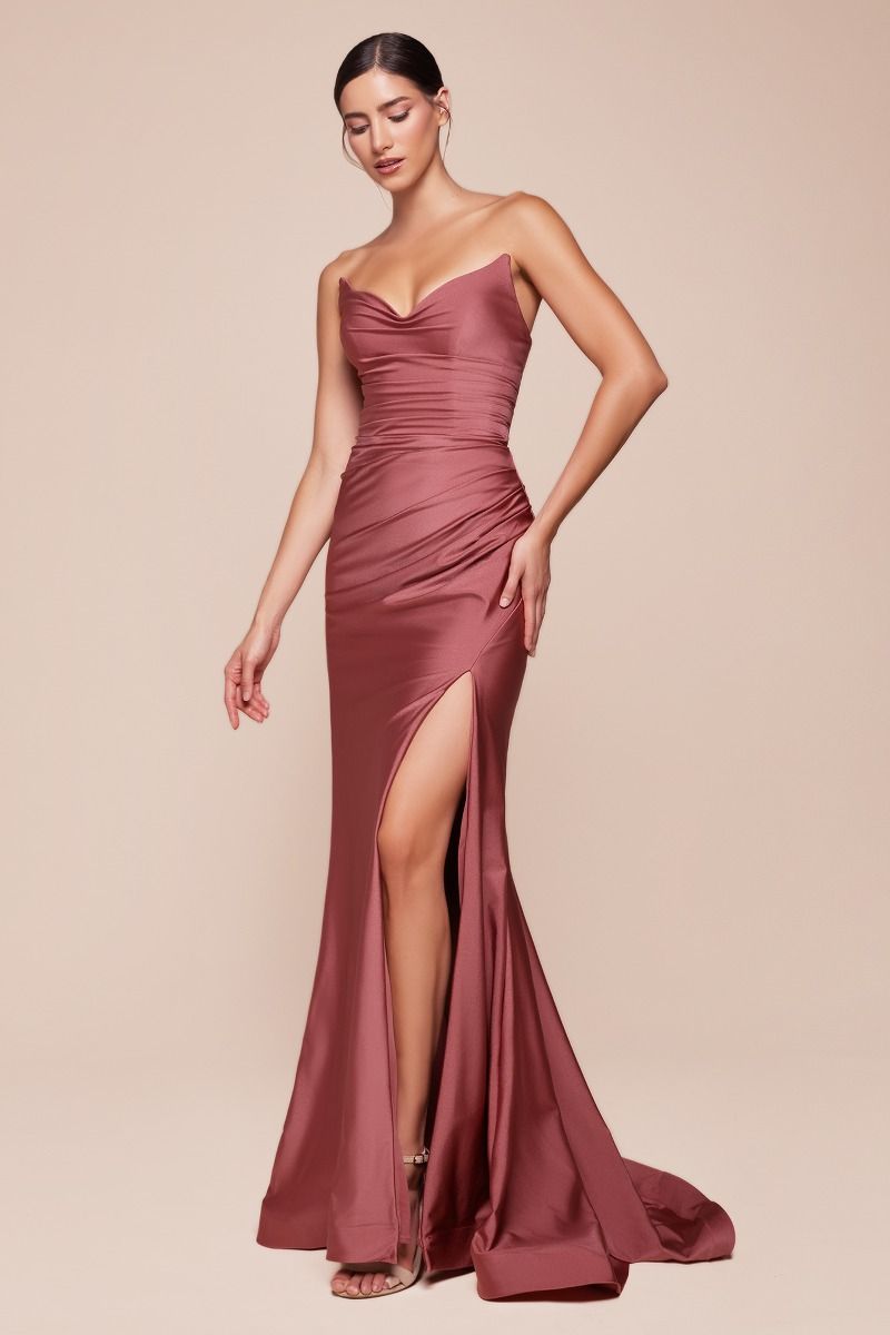 STRAPLESS STRETCH SATIN FITTED GOWN CDCD791-4